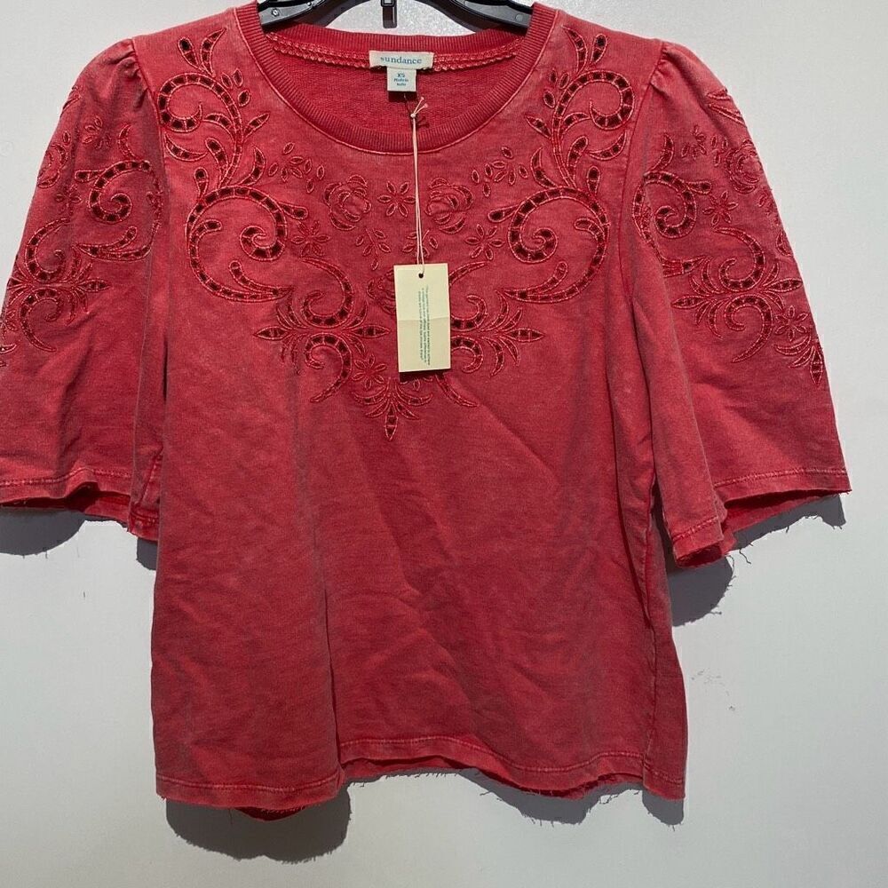 Sundance Women's Red Crew Neck Cutout Eyelet Short Sleeve‎ Blouse Size XS